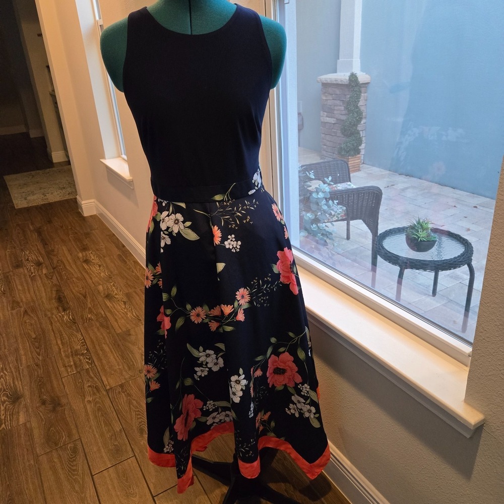 Vince Camuto Dress Womens 10 Navy Floral Scarf Skirt Handkerchief Hem Romantic
